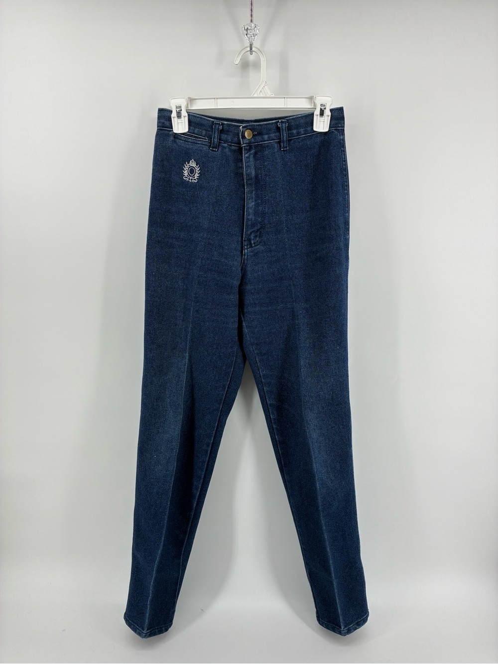 Vintage Dark Blue High-Waist Denim Pants with Sunburst Embroidered Logo